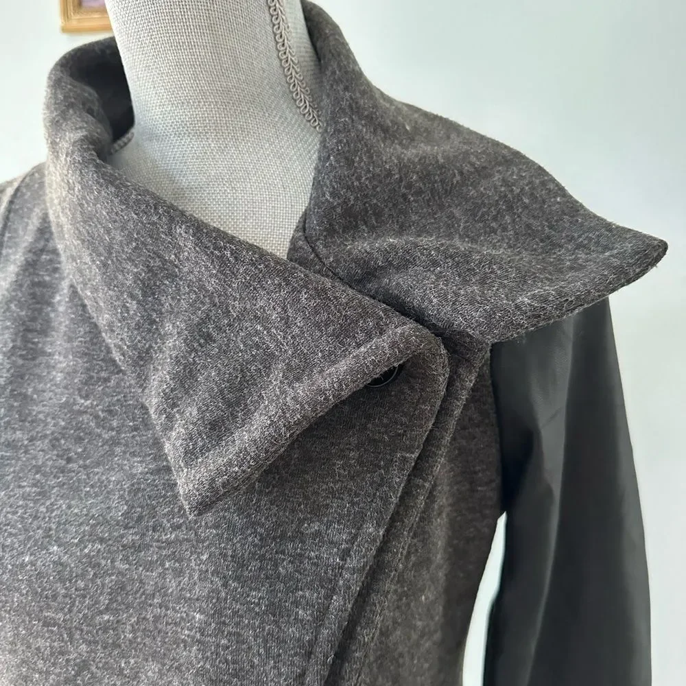 Fabletics Milano Coat Grey Black Faux Leather Sleeve Wrap Jacket size Small - Picture 9 of 10